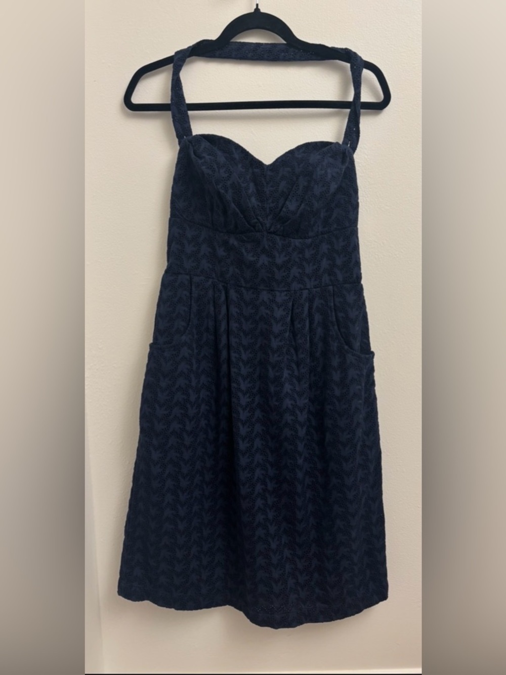 Anthropologie Girls From Savoy Blue Eyelet Swallow Print Halter Dress Size 10 - Picture 4 of 16